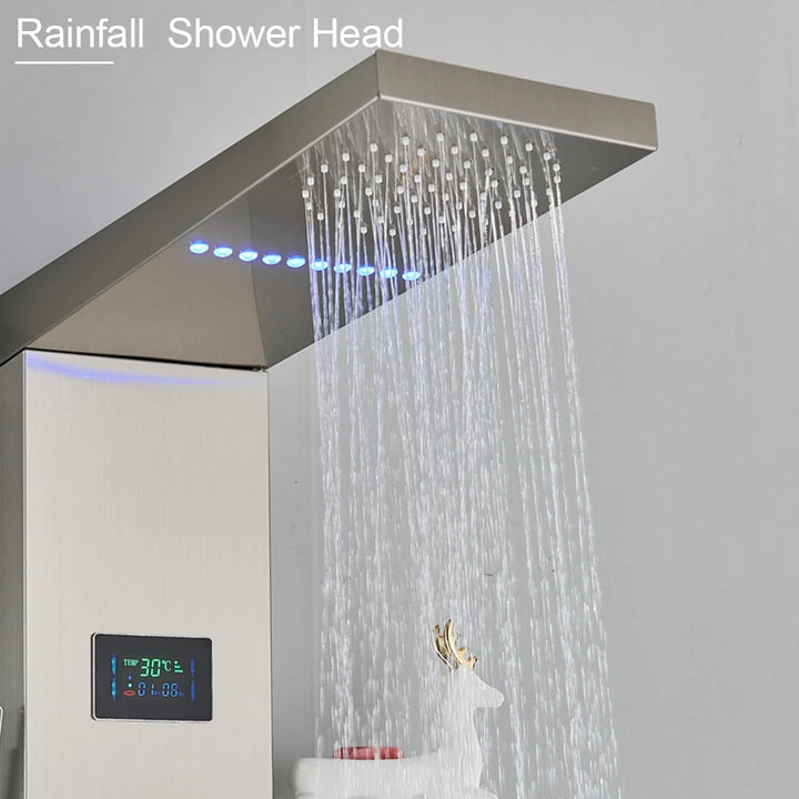 Brushed LED Light LCD Shower Faucet Bathroom SPA Massage Jet Shower Column System Waterfall Rain Shower Panel With Shelf Tap