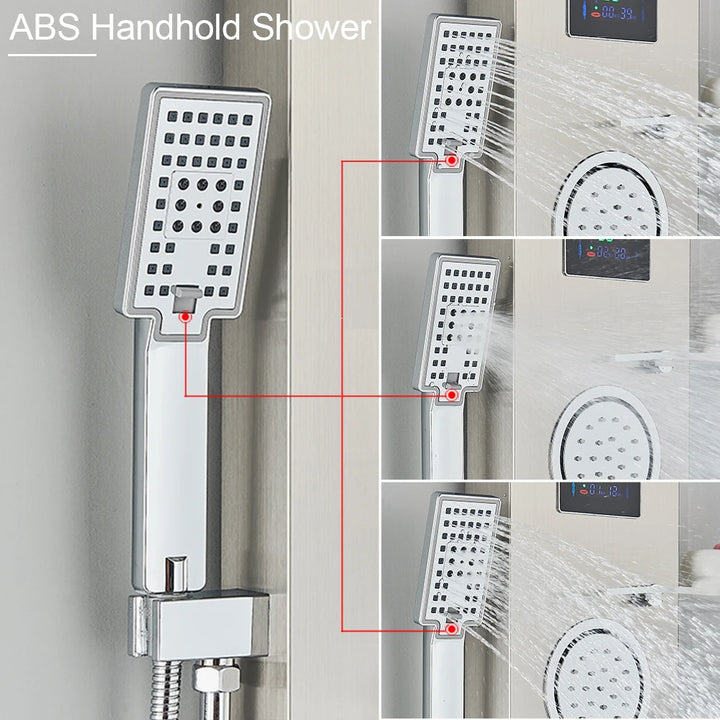 Brushed LED Light LCD Shower Faucet Bathroom SPA Massage Jet Shower Column System Waterfall Rain Shower Panel With Shelf Tap