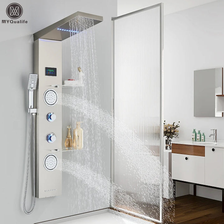 Brushed LED Light LCD Shower Faucet Bathroom SPA Massage Jet Shower Column System Waterfall Rain Shower Panel With Shelf Tap