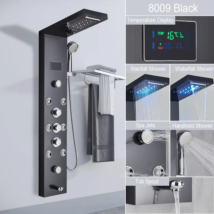 Brushed LED Light LCD Shower Faucet Bathroom SPA Massage Jet Shower Column System Waterfall Rain Shower Panel With Shelf Tap