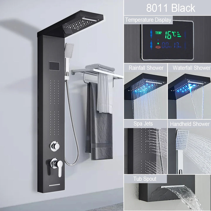 MYQualife New  Top Design Led Shower Panel 5  Function Bathroom Shower Faucet  Wall Mounting Black Cold and Hot Shower Column