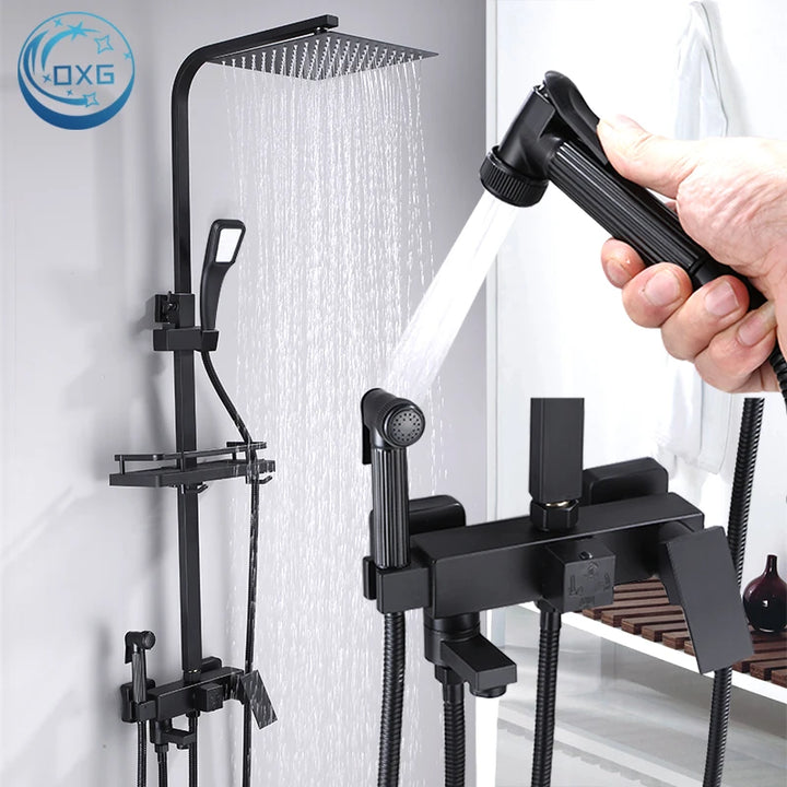 OXG Black Rain Shower Faucet Set,Bathroom Faucet Set, Bidet Faucet,Shower Shelf,Rotatable Spout Faucet ,Height Can Be Extende