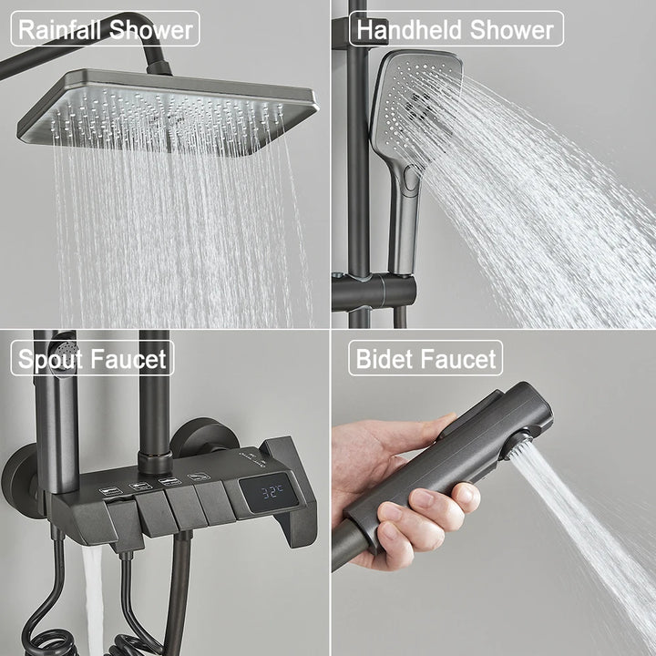 Grey Piano Digital Shower Set Intelligent Brass Bathroom Faucets Hot Cold Waterfall Tap Rainfall White Shower System Chuveiro