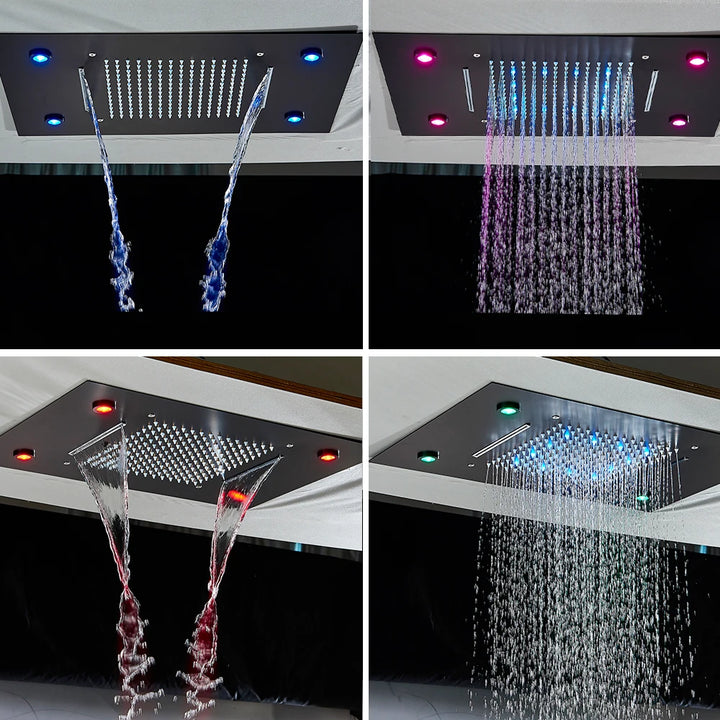 Black LED Rain Waterfall Shower Head Remote Control LED Colors Ceiling Mounted Shower Head 50*35CM Square Head Bathroom Shower