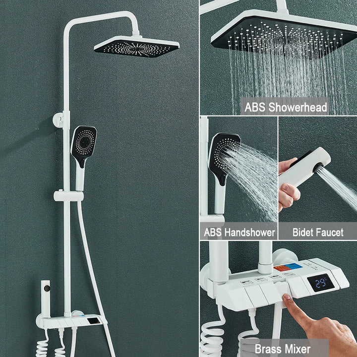 Grey Piano Digital Shower Set Intelligent Brass Bathroom Faucets Hot Cold Waterfall Tap Rainfall White Shower System Chuveiro