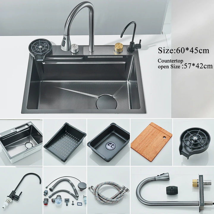 304 Stainless Steel Waterfall Kitchen Sink Large Single Slot Integrated Digital Display Faucet Set Soap Dispenser Cup Washer