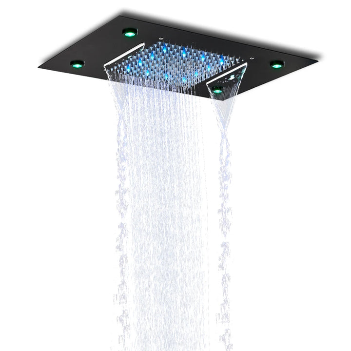 Black LED Rain Waterfall Shower Head Remote Control LED Colors Ceiling Mounted Shower Head 50*35CM Square Head Bathroom Shower