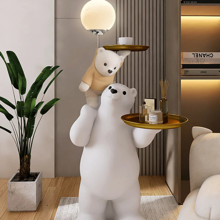 Creative Parent-Child Bear Sculpture Living Room Tray Storage Floor Decor Animal Figurines,With Home Decor Lights,Resin Crafts