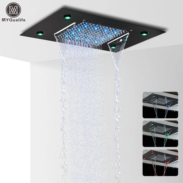 Black LED Rain Waterfall Shower Head Remote Control LED Colors Ceiling Mounted Shower Head 50*35CM Square Head Bathroom Shower