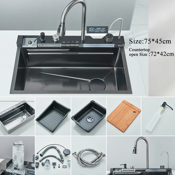 304 Stainless Steel Waterfall Kitchen Sink Large Single Slot Integrated Digital Display Faucet Set Soap Dispenser Cup Washer