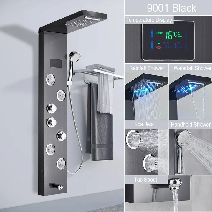 Brushed LED Light LCD Shower Faucet Bathroom SPA Massage Jet Shower Column System Waterfall Rain Shower Panel With Shelf Tap