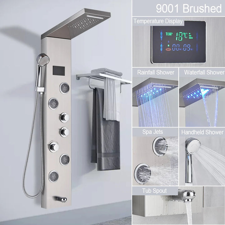 Brushed LED Light LCD Shower Faucet Bathroom SPA Massage Jet Shower Column System Waterfall Rain Shower Panel With Shelf Tap