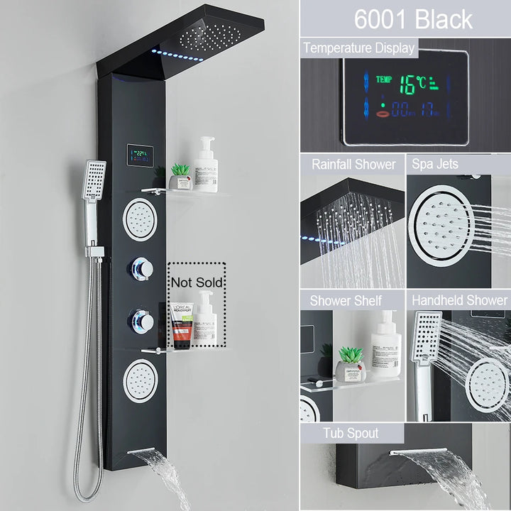 Brushed LED Light LCD Shower Faucet Bathroom SPA Massage Jet Shower Column System Waterfall Rain Shower Panel With Shelf Tap