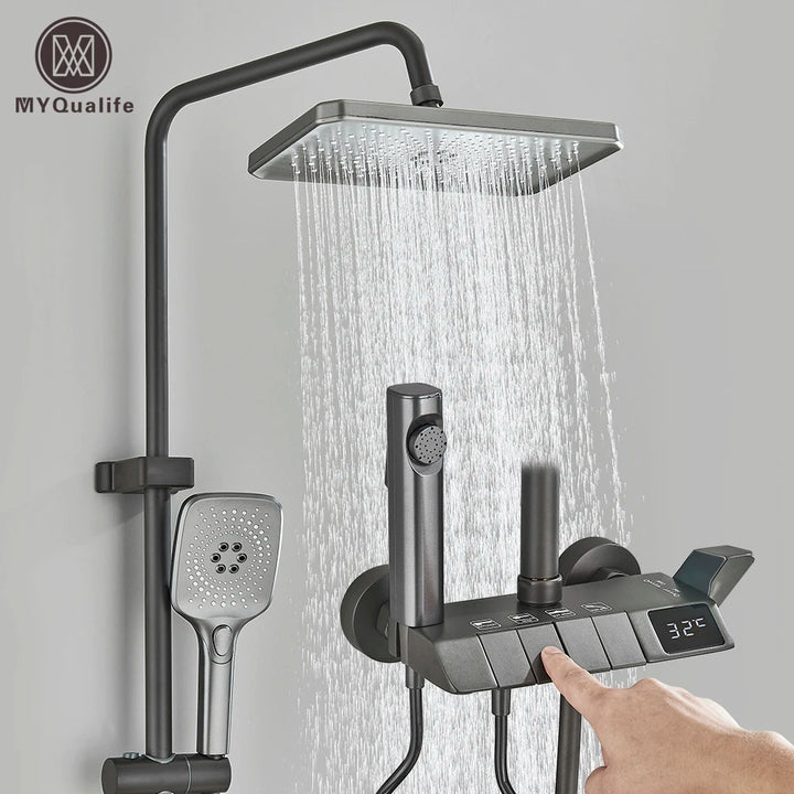 Grey Piano Digital Shower Set Intelligent Brass Bathroom Faucets Hot Cold Waterfall Tap Rainfall White Shower System Chuveiro