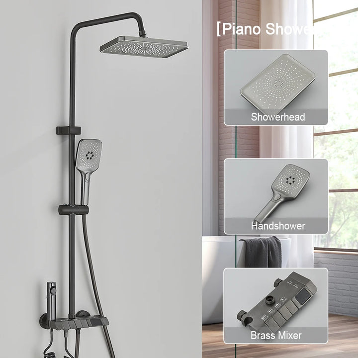 Grey Piano Digital Shower Set Intelligent Brass Bathroom Faucets Hot Cold Waterfall Tap Rainfall White Shower System Chuveiro